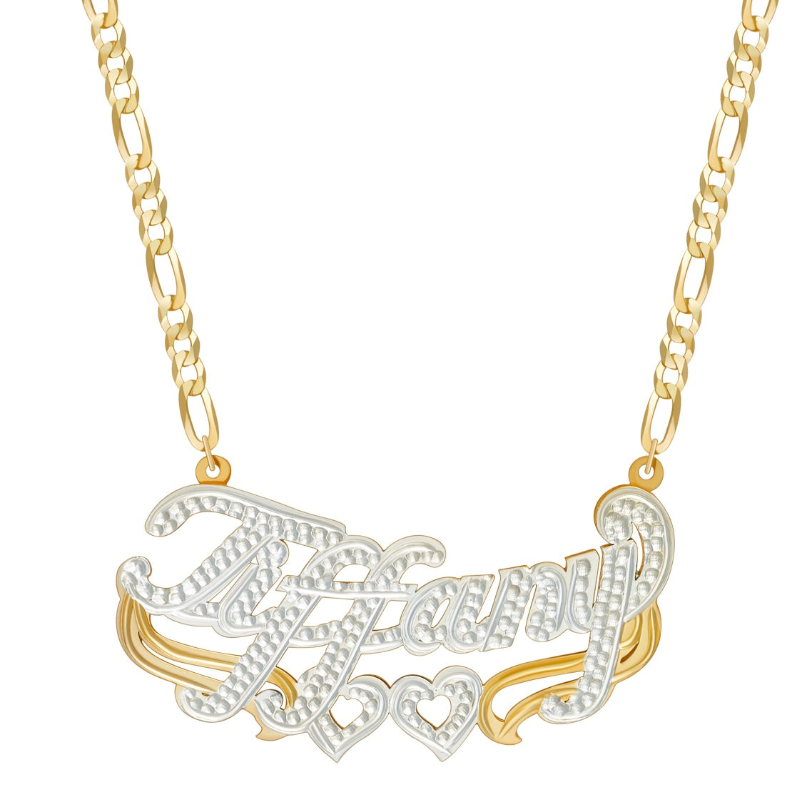 A custom name necklace featuring the name 'Taylor' with a double hearts design, plated in gold and silver, on a chain.