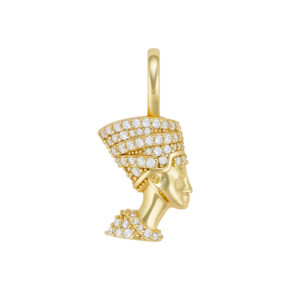 A gold necklace with a pendant in the shape of a woman's head, adorned with small gemstones.