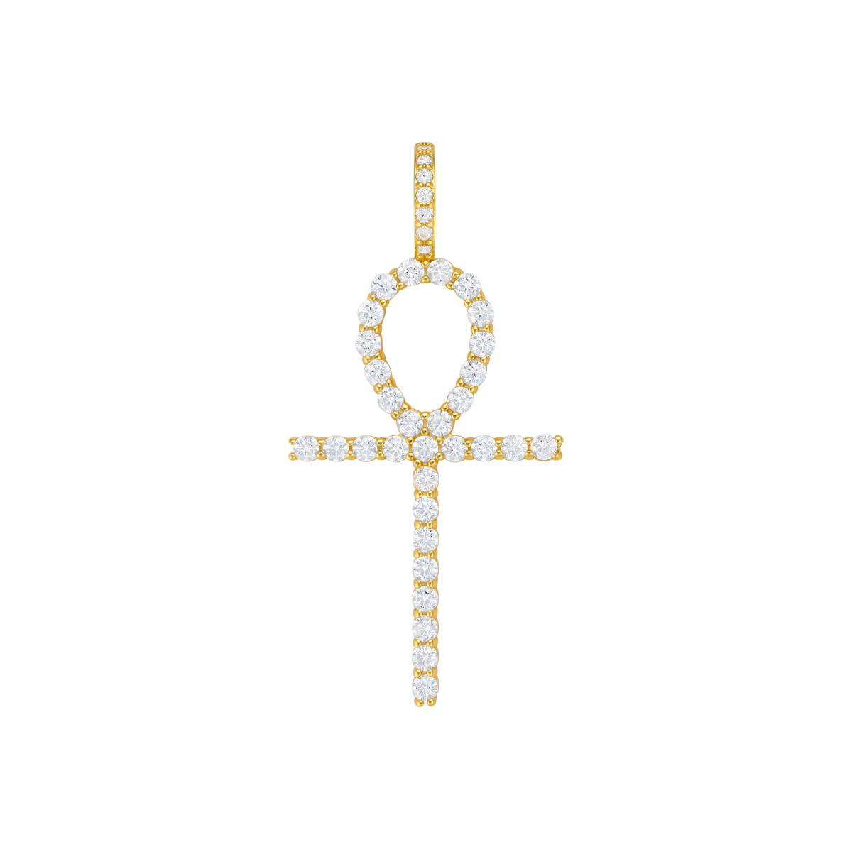 A gold ankh symbol necklace encrusted with cubic zirconia stones against a black background.