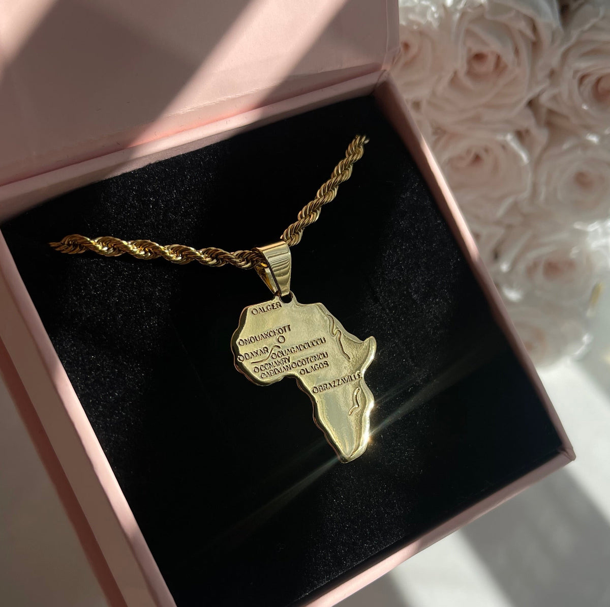 Gold necklace with a map pendant in a pink jewelry box.