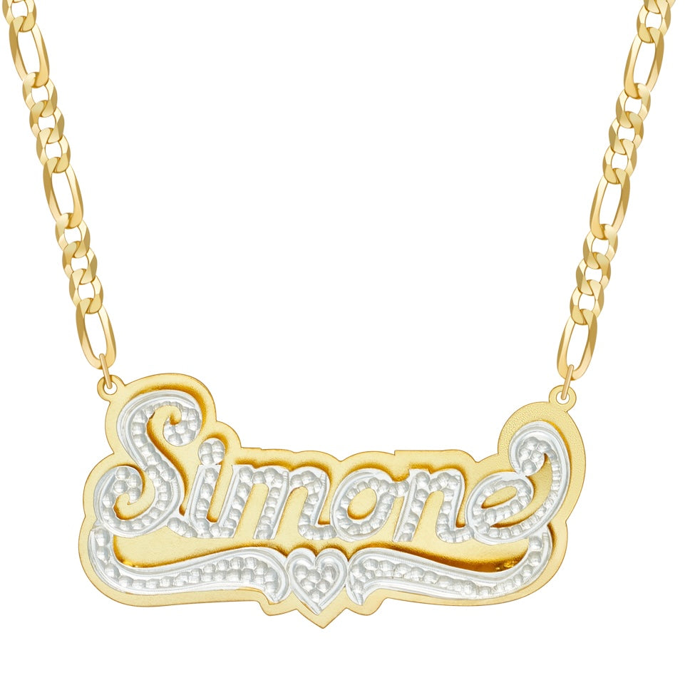 A 3D mirrored double-plated custom name necklace with the name 'Simone' displayed on it, featuring a gold and silver color scheme.